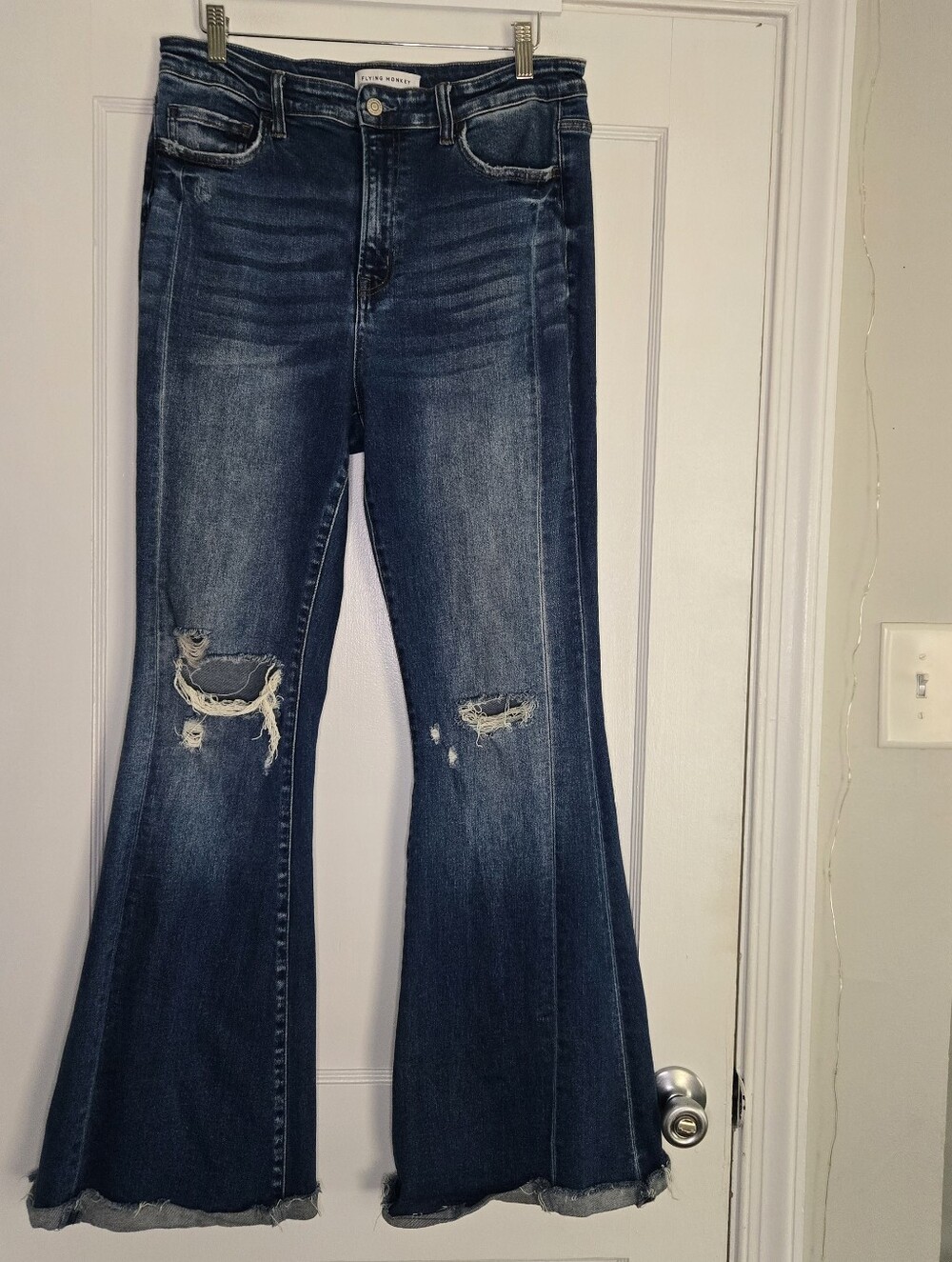 Flying Monkey Dark Wash Flare Jeans Womens Distressed Y2K Bell Bottom Denim